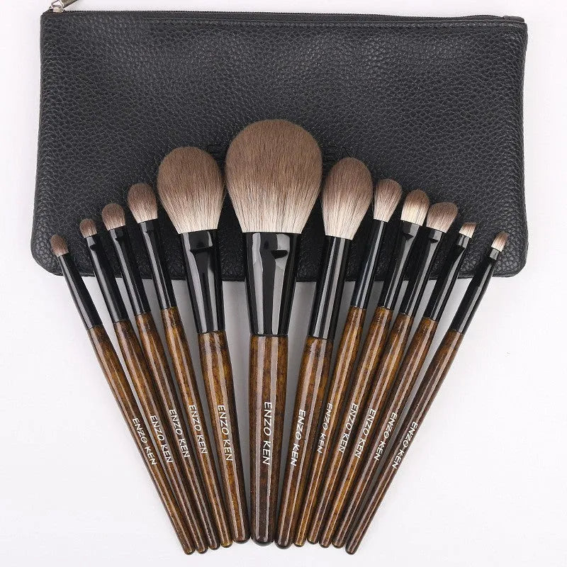 12 piece makeup brush set with wooden handles in PU organiser case