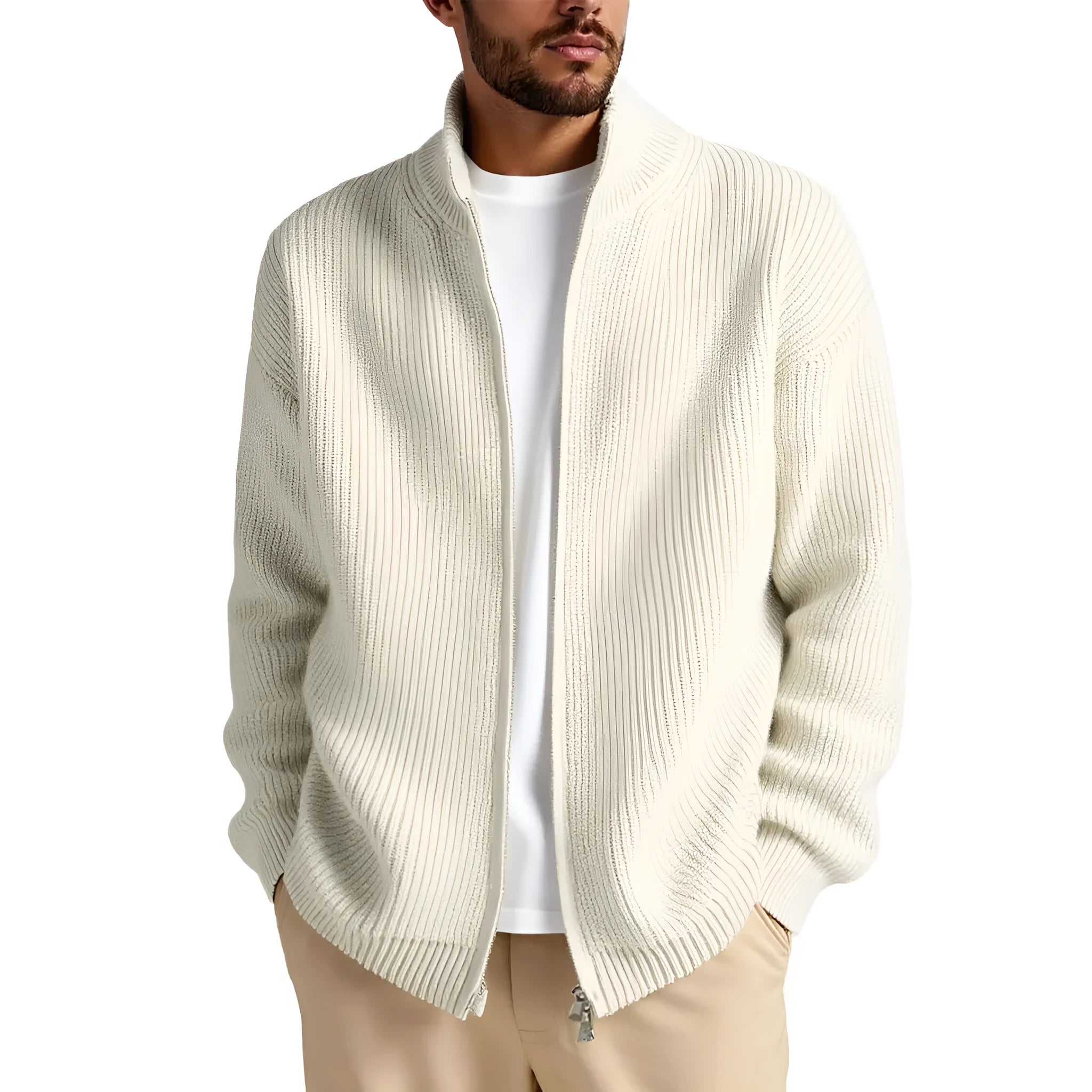 Man wearing a loose-fit grey cardigan sweater coat, showing the relaxed silhouette and knit texture.