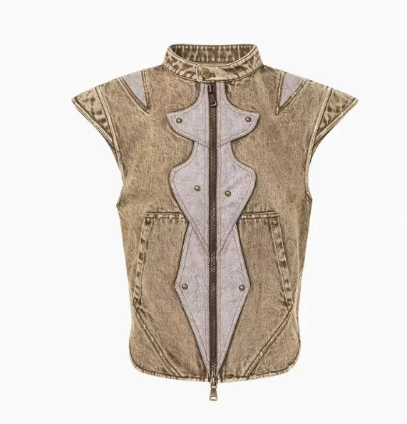 Men's denim pleated waistcot in cotton fabric with Korean style cut, shown in available colour