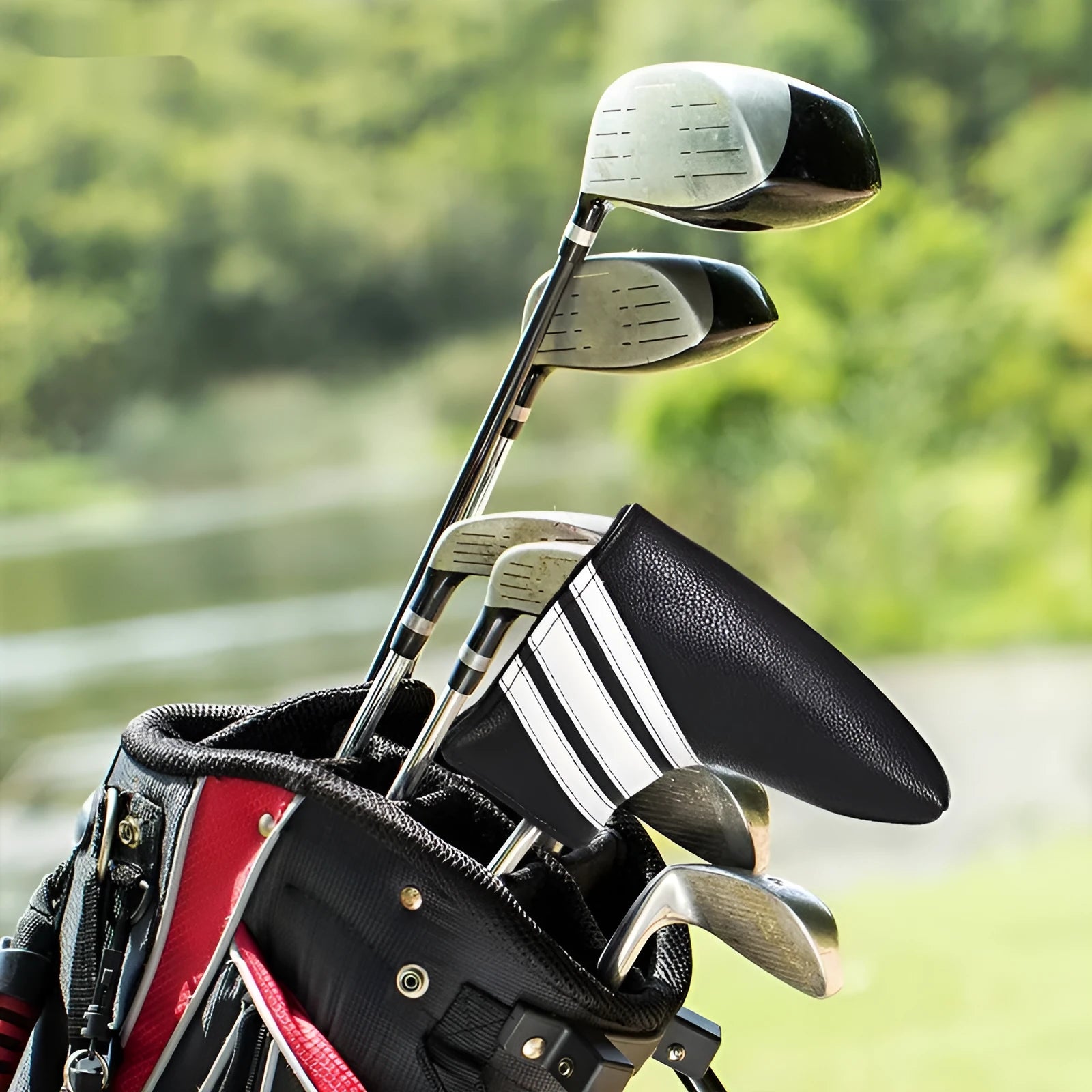 Black PU leather golf push rod head cover shown as a protective sleeve.