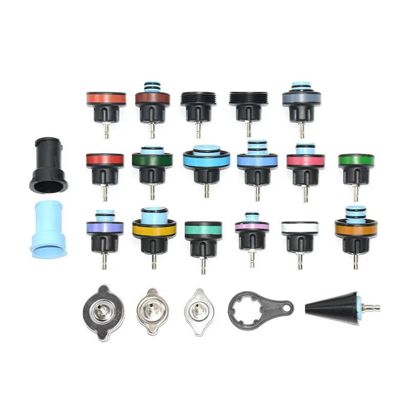 Blue 28-piece automotive cooling system pressure tester kit with gauge and adapters