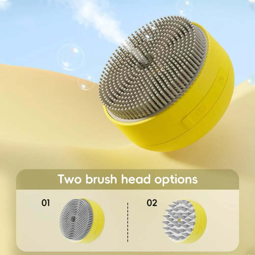 Green and yellow rechargeable cat steam brush with silicone bristles for pet grooming and massage