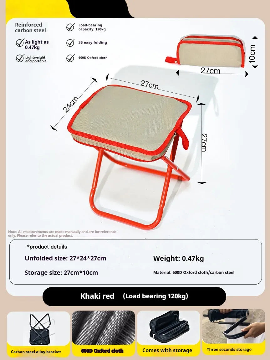 Lightweight foldable outdoor camp stool in khaki colour, shown in folded and unfolded positions.
