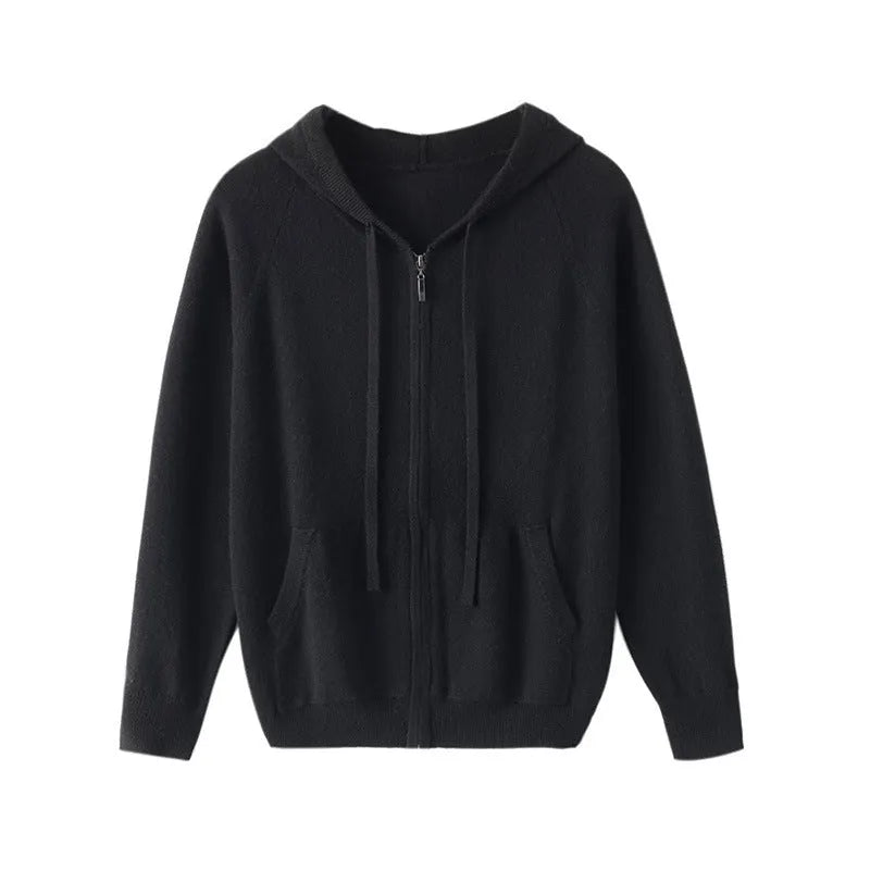 Man wearing a solid-colour hooded zip-up knitted cardigan in a business casual setting.