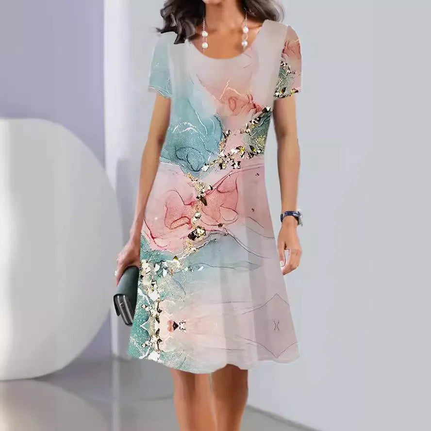 Women's light blue floral print A-line midi dress with short sleeves on a hanger.