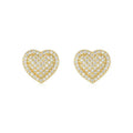 A pair of golden heart-shaped stud earrings with moissanite stones on a grey background.