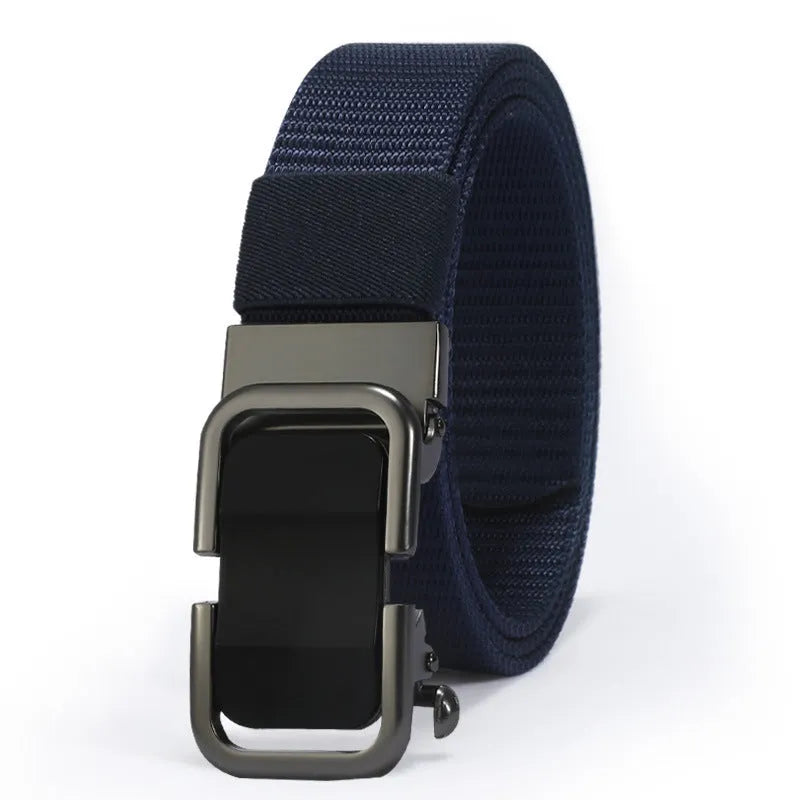 Men's nylon canvas belt showing alloy buckle, available in multiple colours including Army Green, black and blue