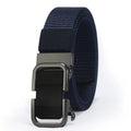 Men's nylon canvas belt showing alloy buckle, available in multiple colours including Army Green, black and blue