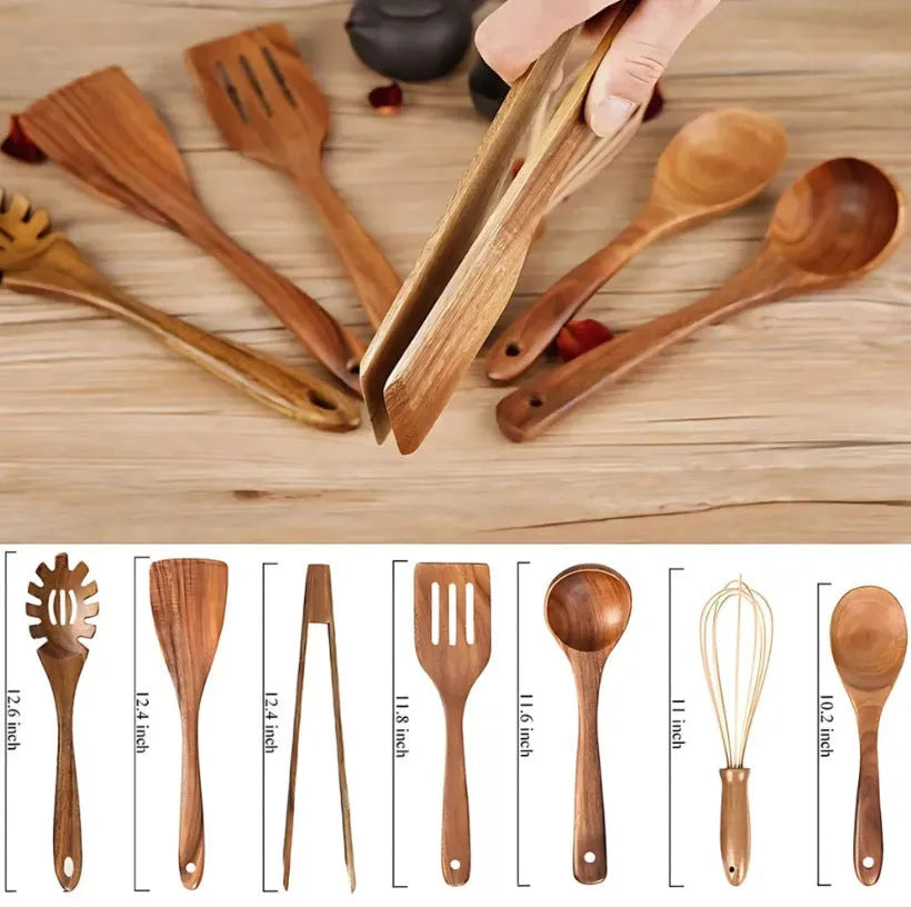 Seven-piece wooden cooking utensil set including spoons and spatulas for non-stick pans