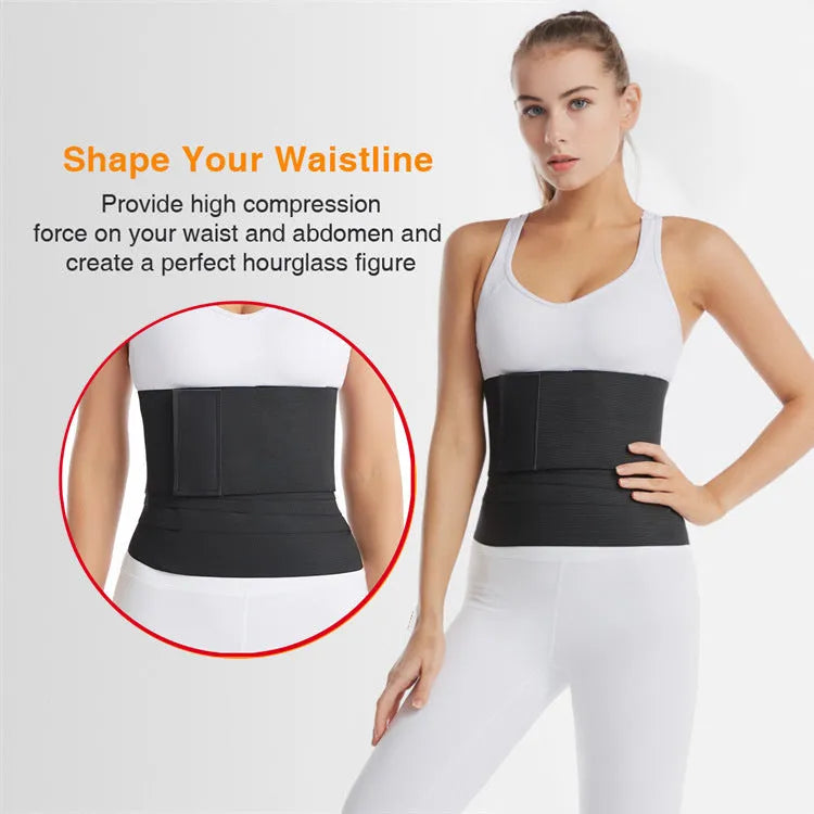 Black polyester waist training restraint belt for yoga body sculpting, 3 metre length shown on white background