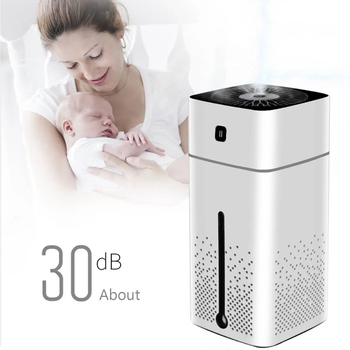 Black or white USB desktop humidifier measuring 103x103x218mm with 1000ml capacity