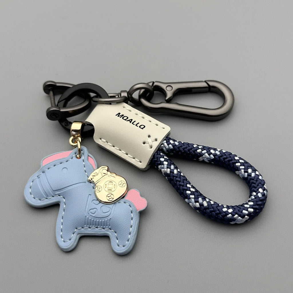 Handmade cowhide car key ring pendant with zinc alloy pony belt buckle and coloured flanelle rope