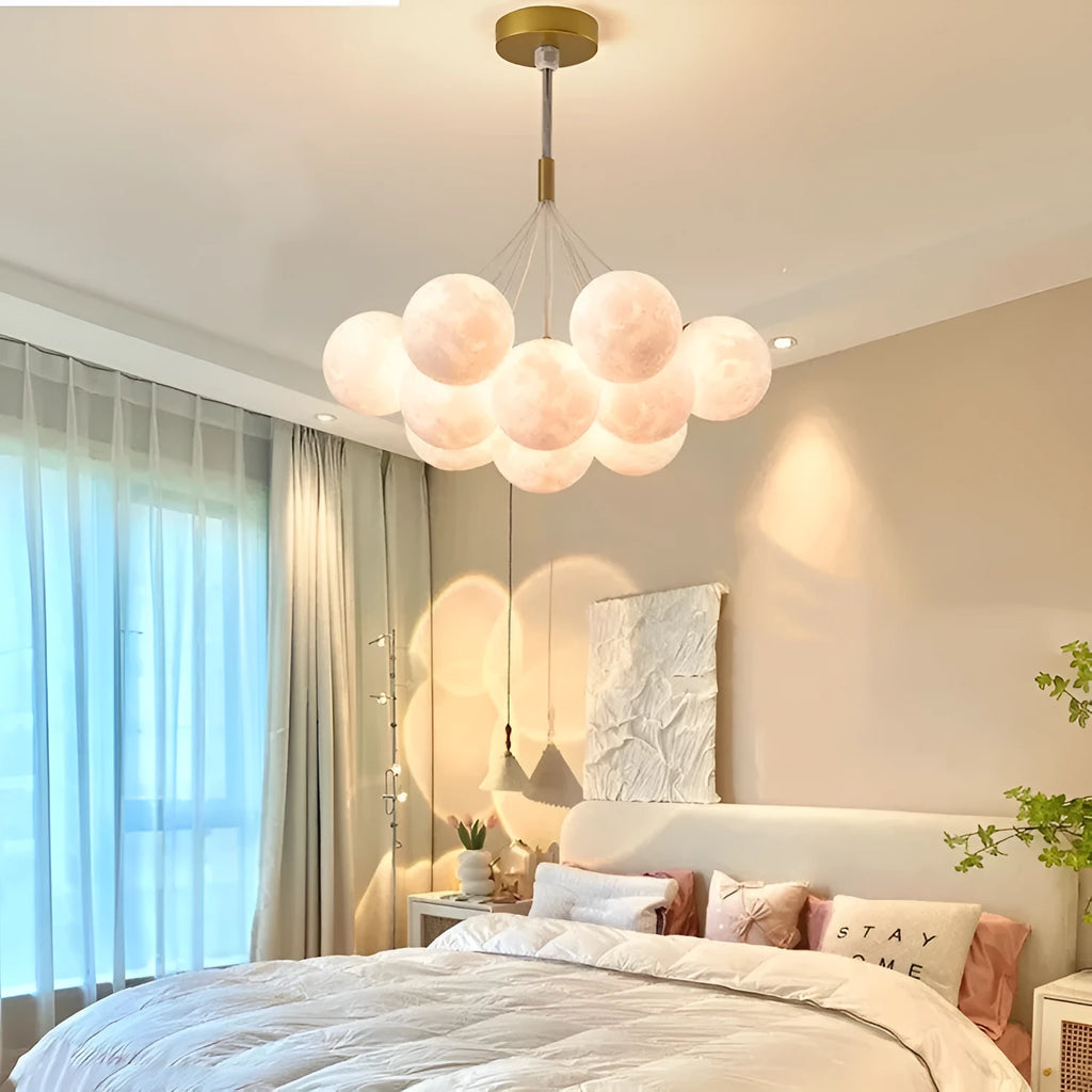 Nordic moon bubble chandelier in gold and black with iron construction and LED lighting