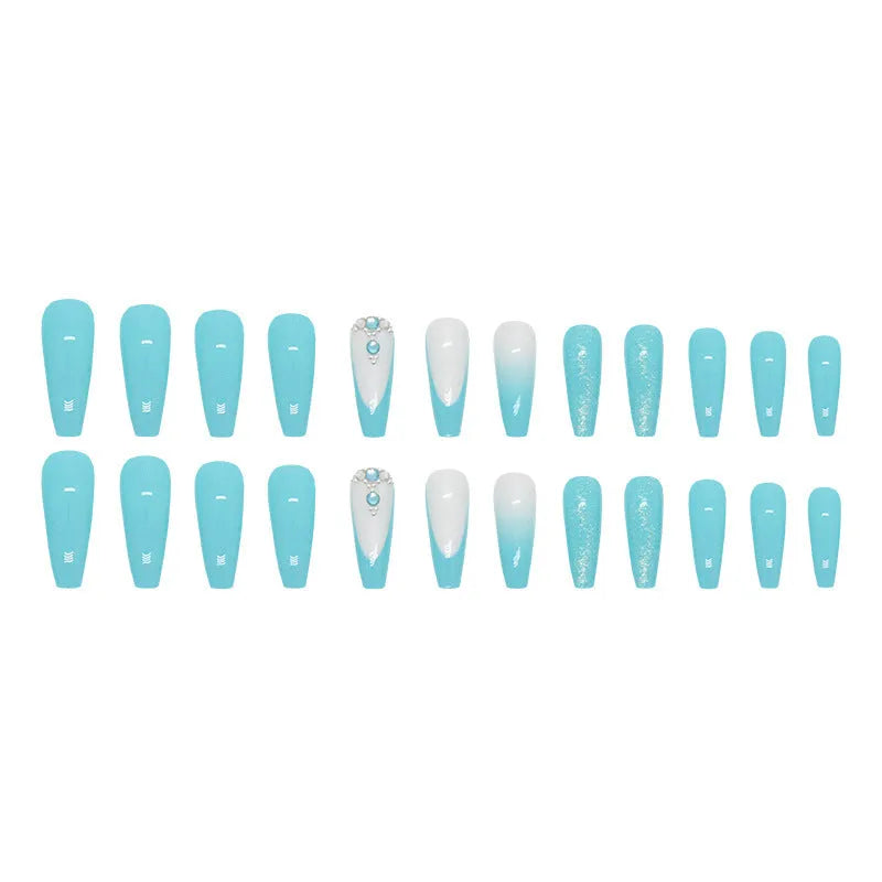 Solid colour artificial nails with long ballet shape and blue diamond glitter decoration
