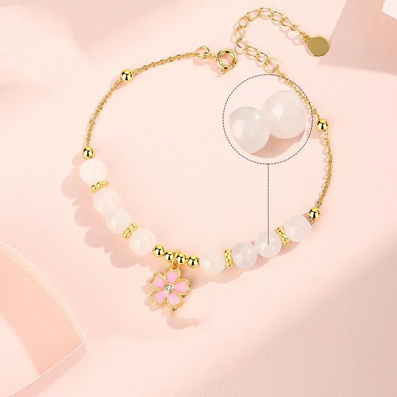 S925 silver cherry blossom pendant on Hetian jade beaded bracelet for women