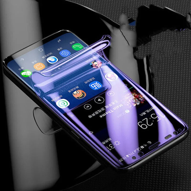 Purple light hydraulic hydrogel screen protector for curved Samsung Galaxy S8, S9, S10 phones.