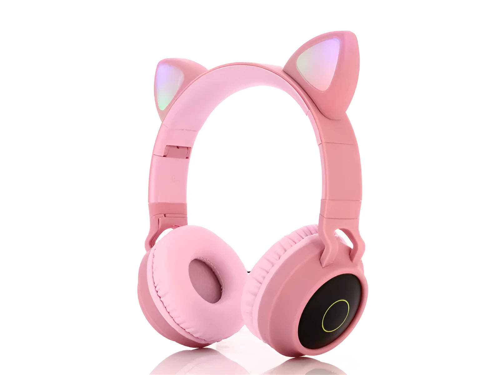 Pink cartoon cat ear wireless Bluetooth headset shown in a head-mounted position on a mannequin head.