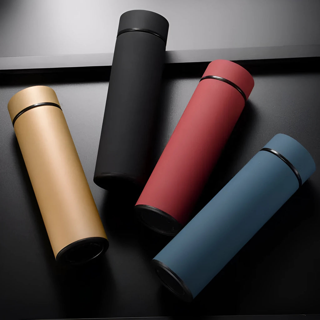 450ml stainless steel vacuum insulated water bottle in black, red, gold, or blue colour.