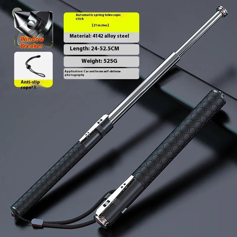 Titanium black automatic spring expandable baton in three sizes: 16 inch, 21 inch, and 26 inch.