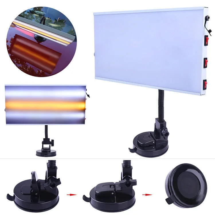 White car dent repair detector suit with concave inspection light for professional bodywork assessment
