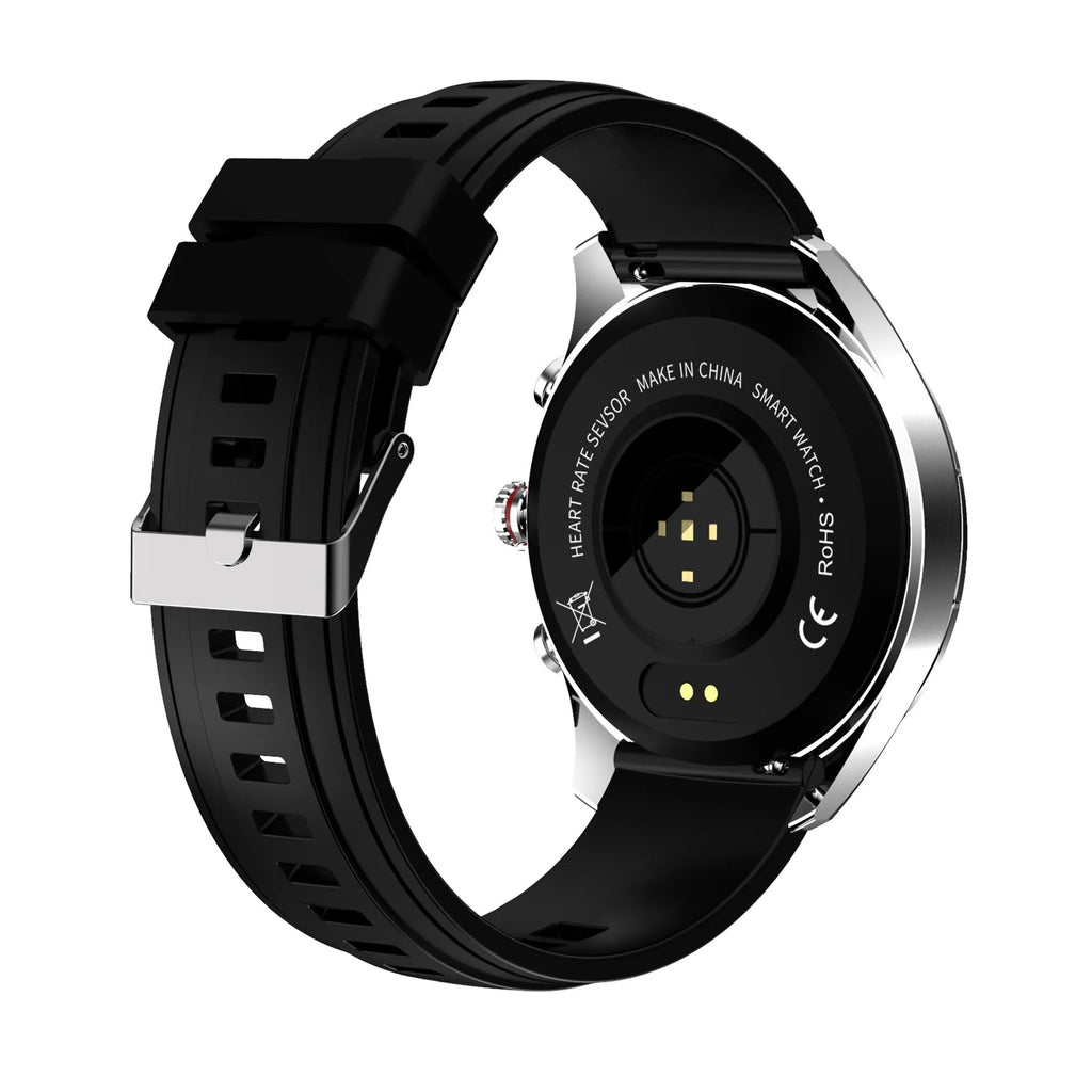 Men's black smart bracelet watch with zinc alloy screen and silicone wristband.