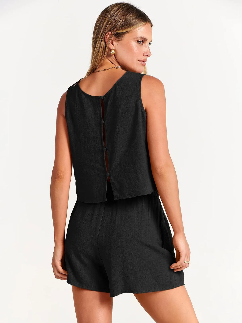 Women's apricot coloured sleeveless top and drawstring shorts summer set made from rayon and linen blend.