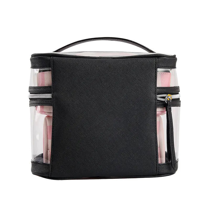 Pink and white striped floral print synthetic leather folding makeup bag.
