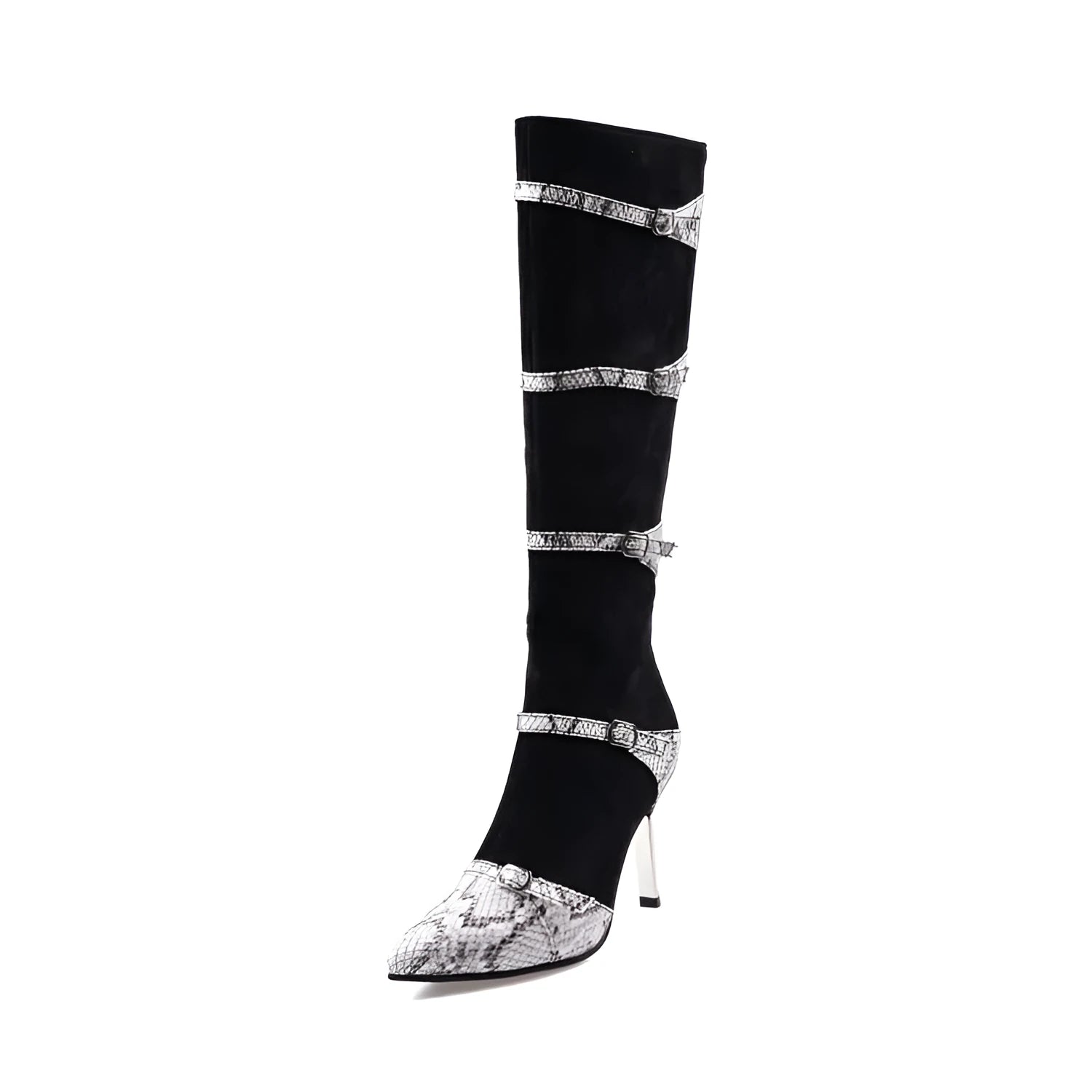 Women's grey knee-high high-heel boots with a 9cm heel and velvet lining on a white background.