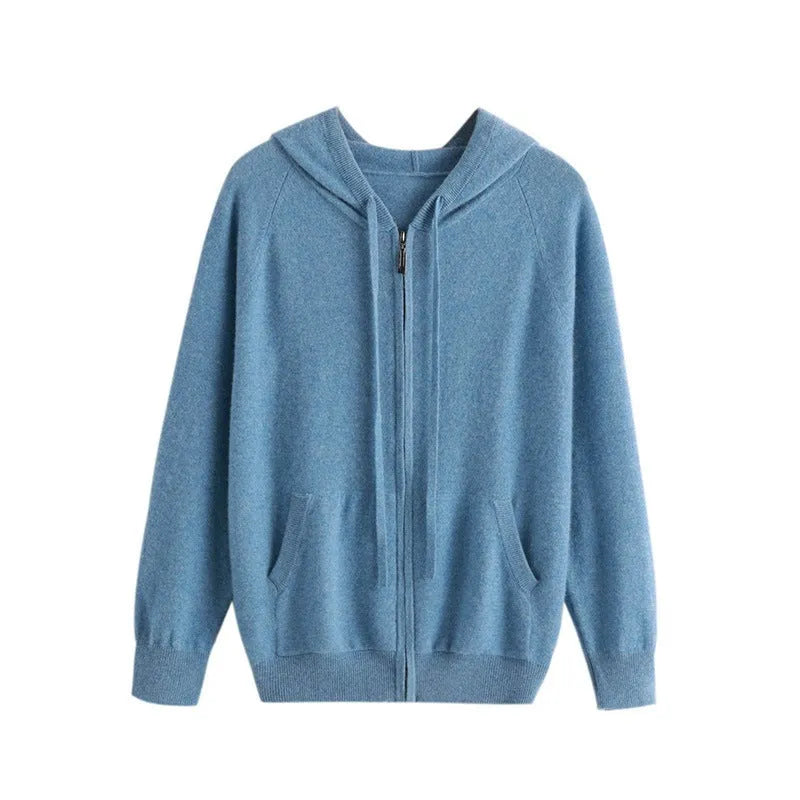 Man wearing a solid-colour hooded zip-up knitted cardigan in a business casual setting.