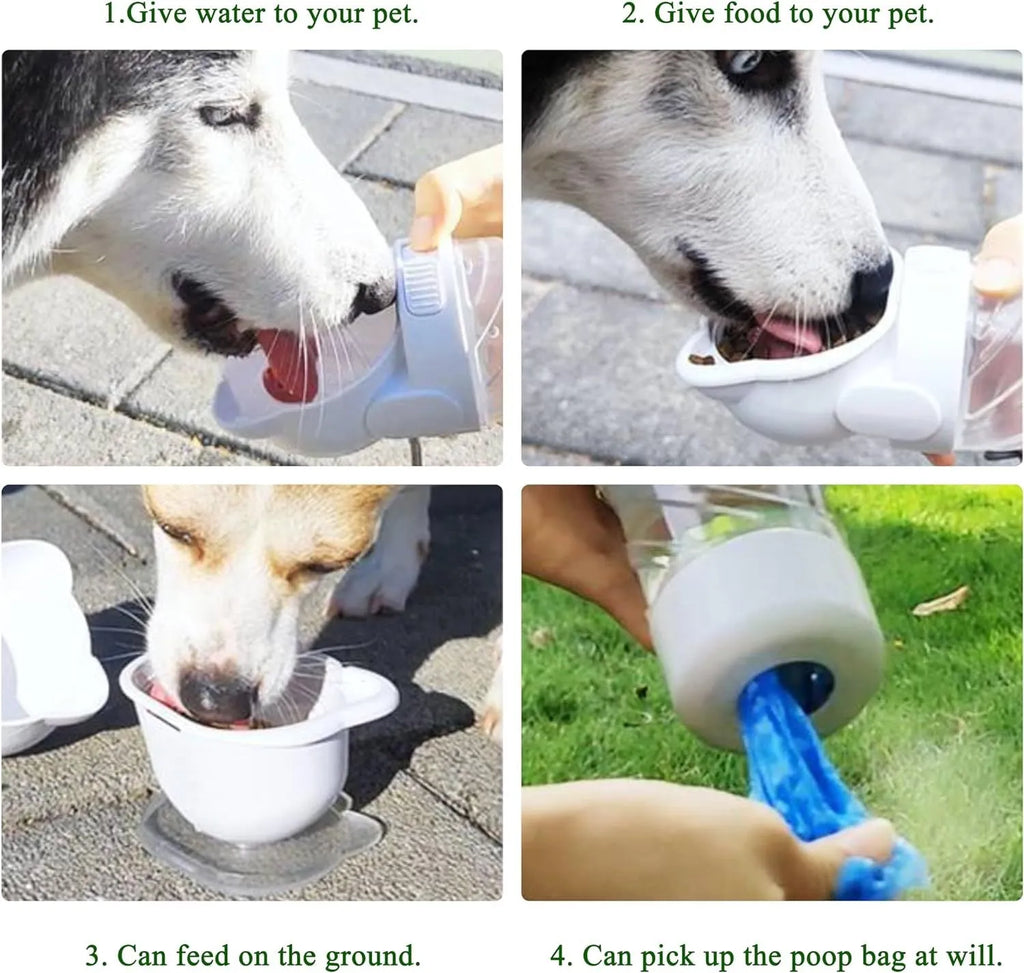 Green 3 in 1 portable pet water bottle with food container and waste bag dispenser