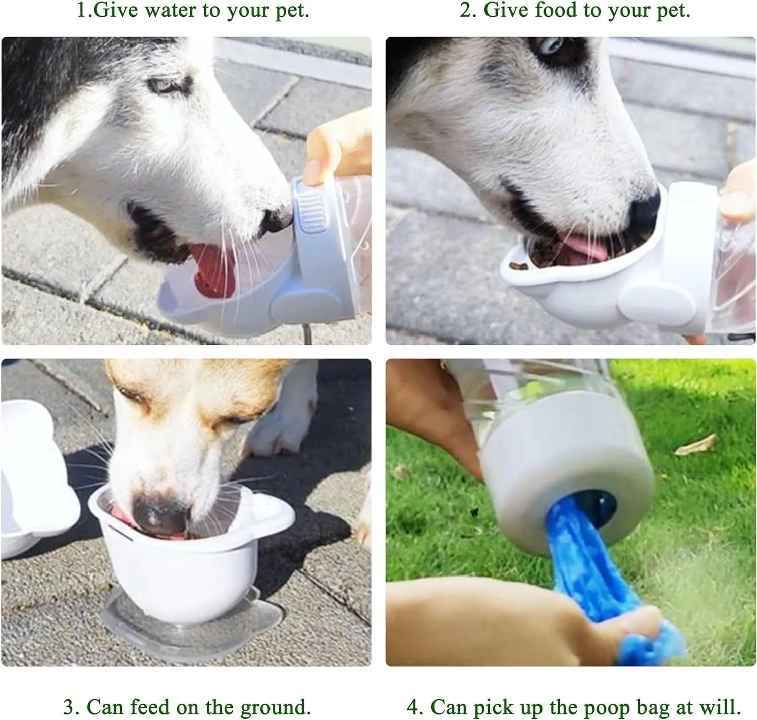 Green 3 in 1 portable pet water bottle with food container and waste bag dispenser