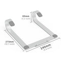 Silver aluminium alloy laptop stand with dimensions 260mm by 240mm by 150mm on a wooden desk
