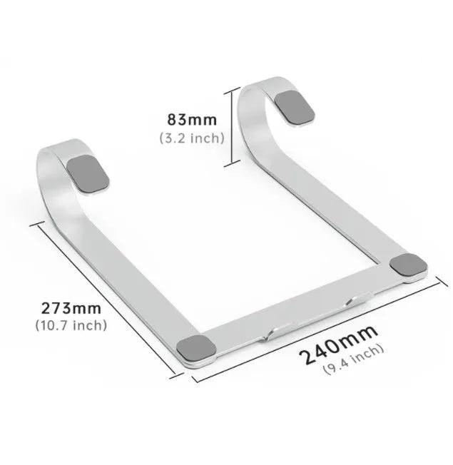 Silver aluminium alloy laptop stand with dimensions 260mm by 240mm by 150mm on a wooden desk