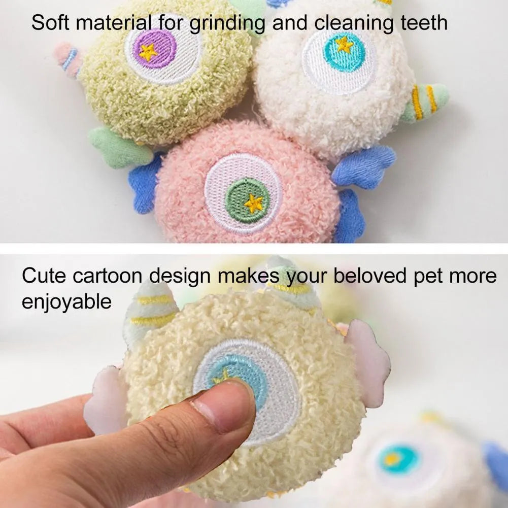 Cartoon-shaped plush dog chew toy with squeaky sound feature in multiple colour options