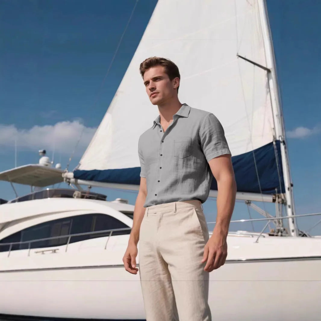 Men's loose fit linen short-sleeved shirt in cardigan style, shown in multiple solid colours.