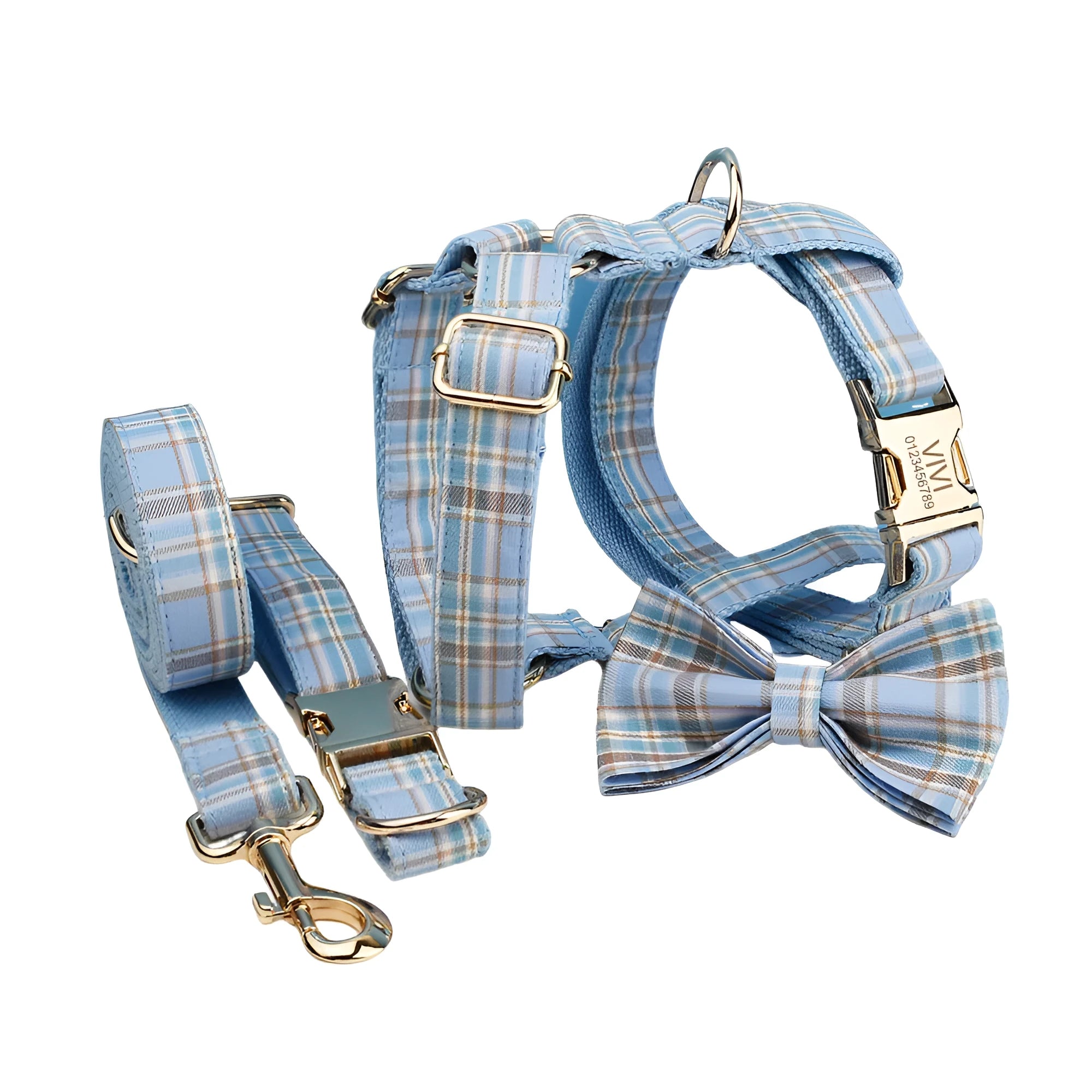 Sky blue grid pattern cloth dog collar and leash set with matching vest and bow tie