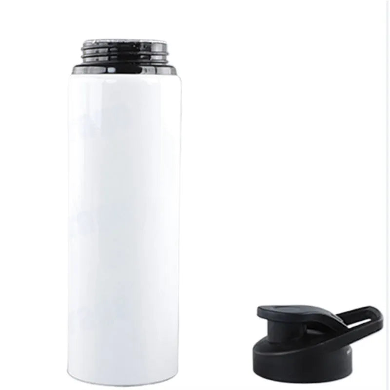 White aluminium sports cycling water bottle shown in 600ml and 750ml sizes.