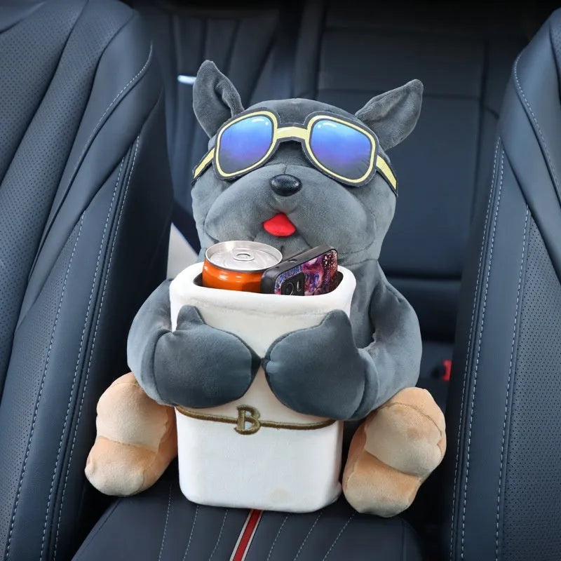 Plush fabric car tissue box with character design hanging from vehicle armrest