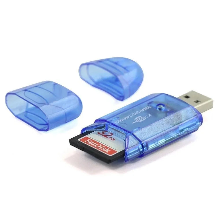 Transparent USB card reader with LED light option on desk next to memory cards