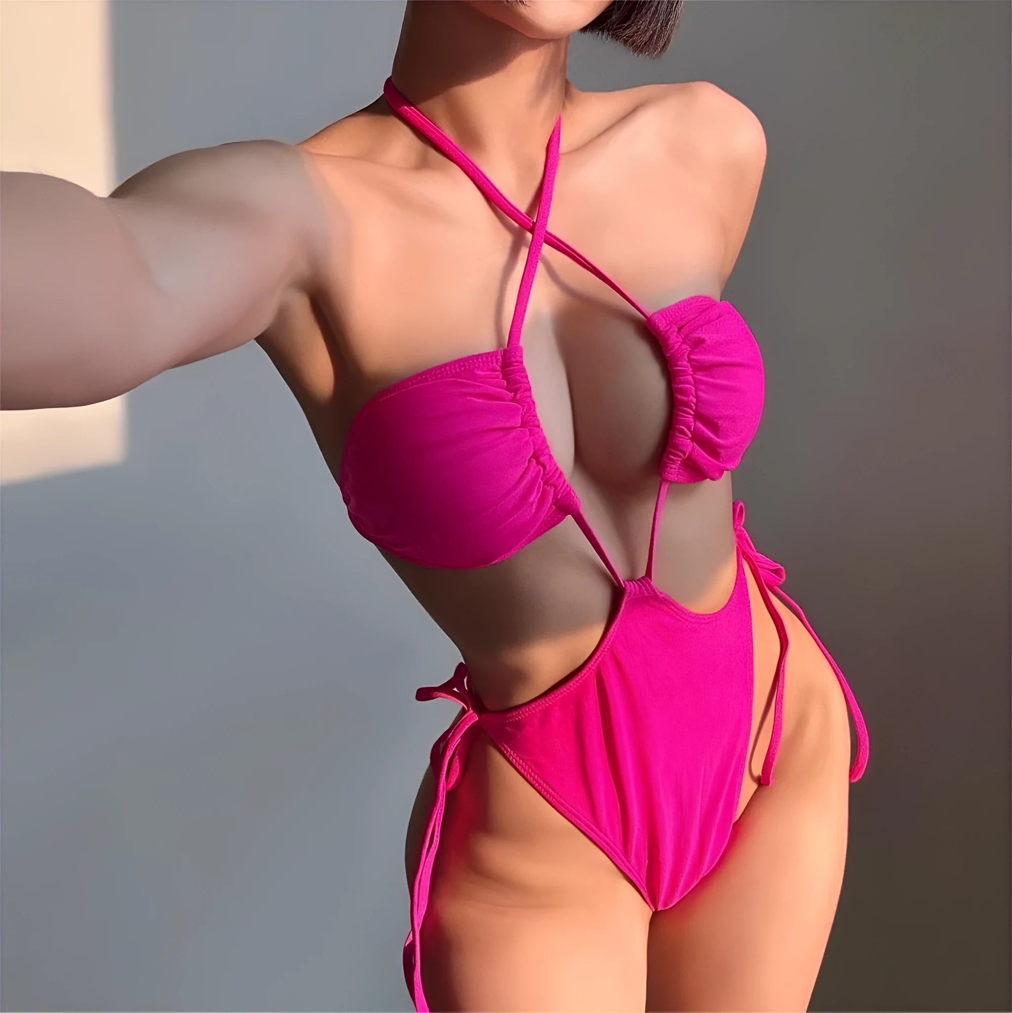 Women's solid colour one-piece swimsuit with drawstring ties in Barbie pink