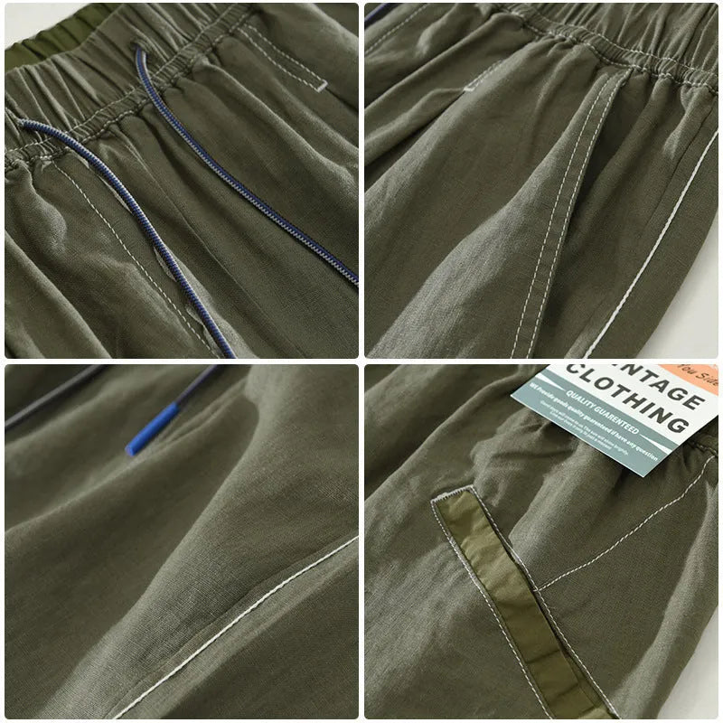 Men's linen shorts in straight drooping style with drawstring waist, shown in green and black colour options
