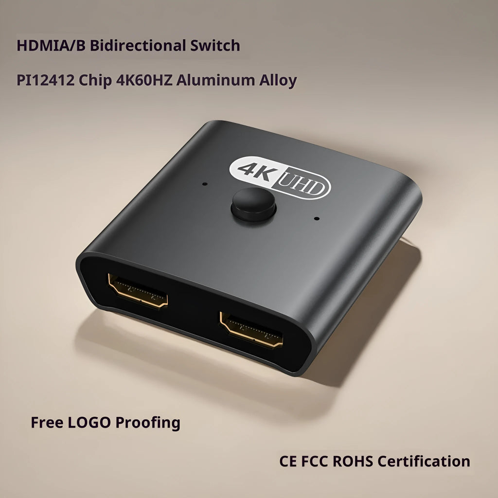 AB two-in-one-out bidirectional switcher supporting 4K and 8K resolution with split screen and 5-metre cable