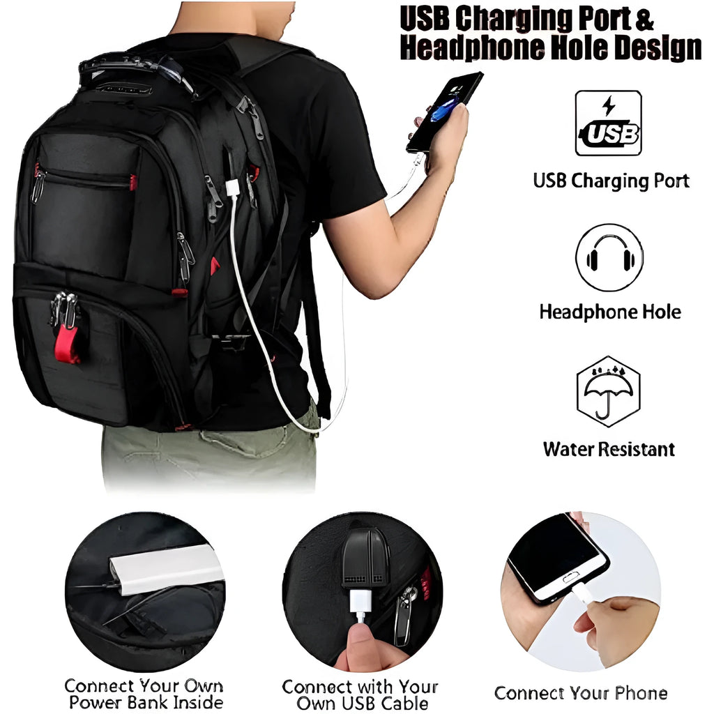 Large capacity waterproof Oxford cloth backpack in black, red, or sky blue with curved shoulder straps