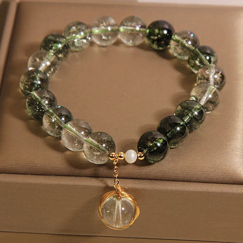 Green phantom quartz and crystal women's bracelet in Japanese Korean style.