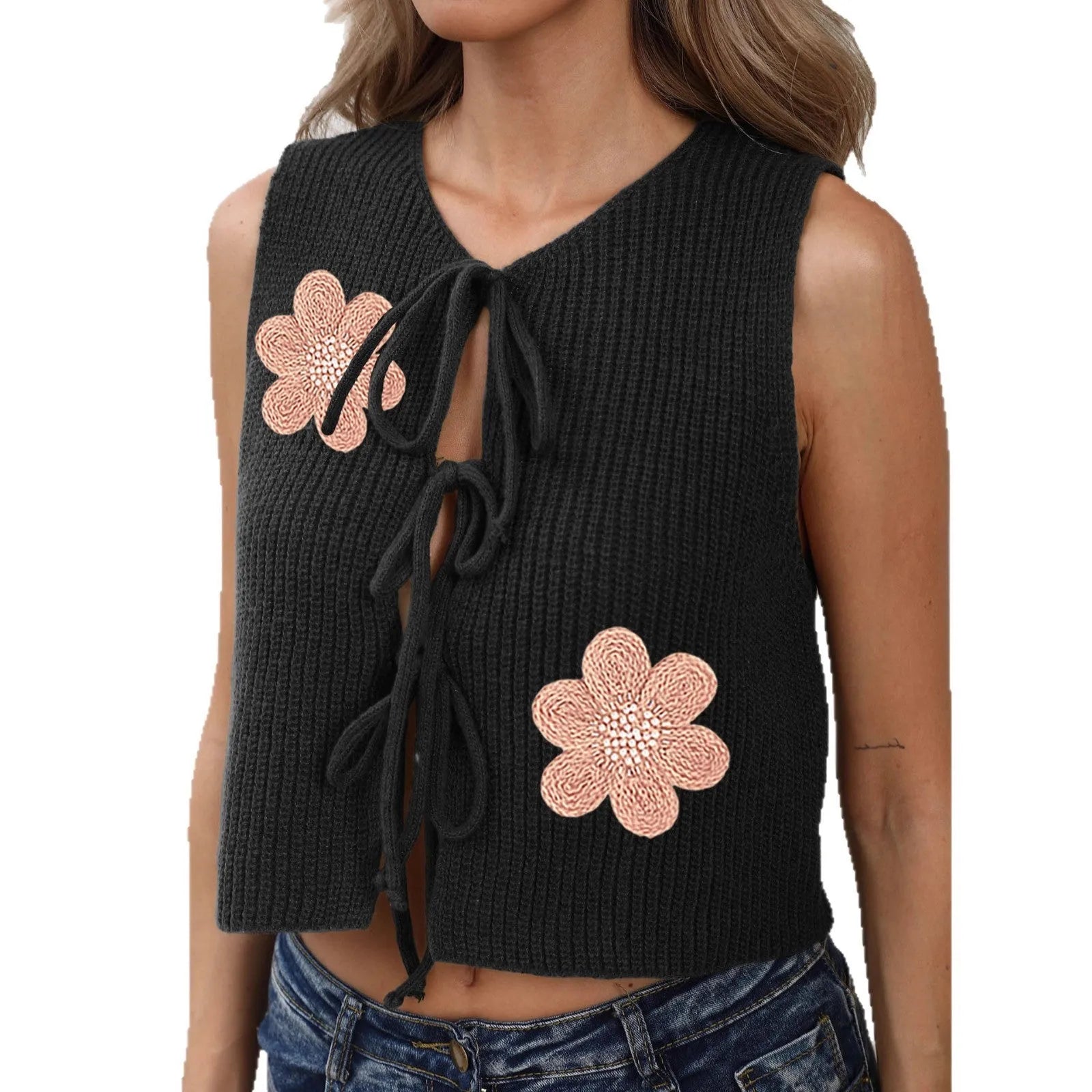 Ladies' sleeveless lace-up cardigan vest in deer plush polyester with flower pattern and bow detail