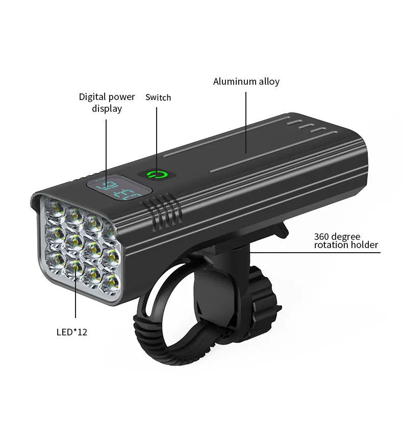 Black KX12DF digital display bicycle headlight with USB cable and quick-release mounting bracket.