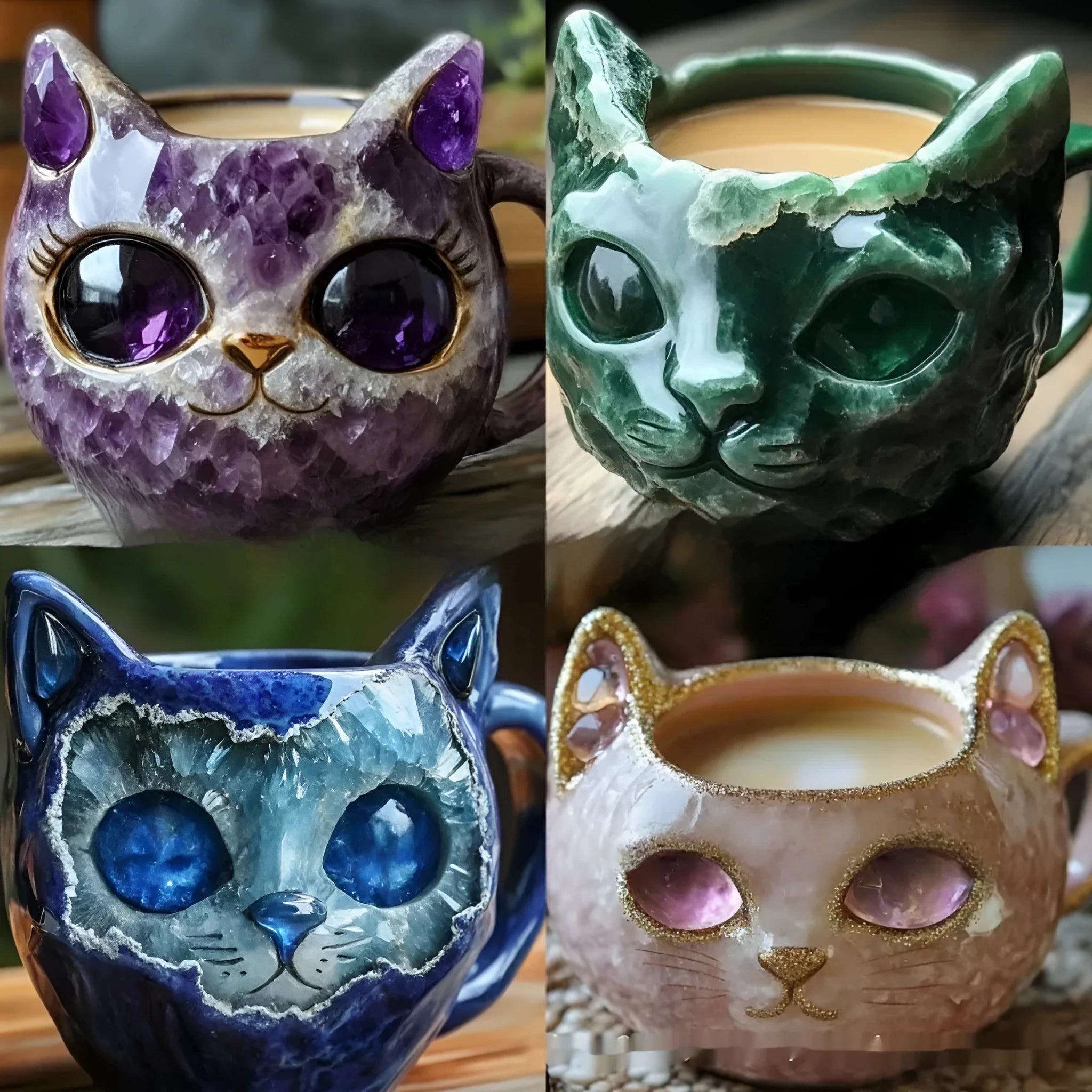 Purple geode resin mug with a crystal cat sculpture inside, showing dimensions.