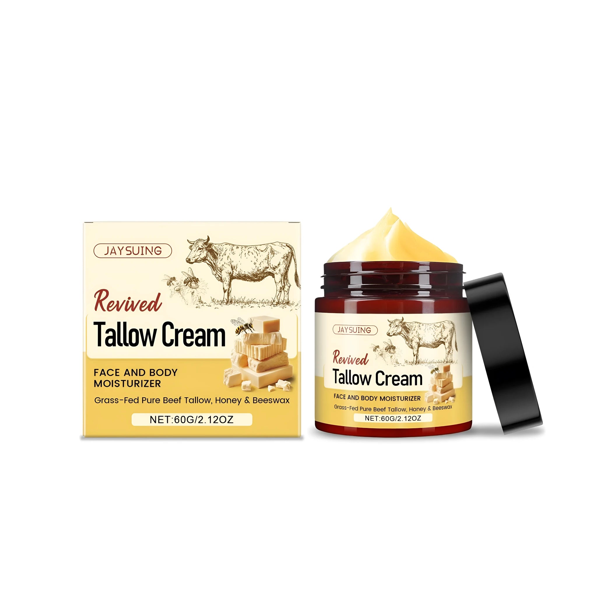 60g glass jar of Revived Tallow moisturising cream with honey and olive oil.