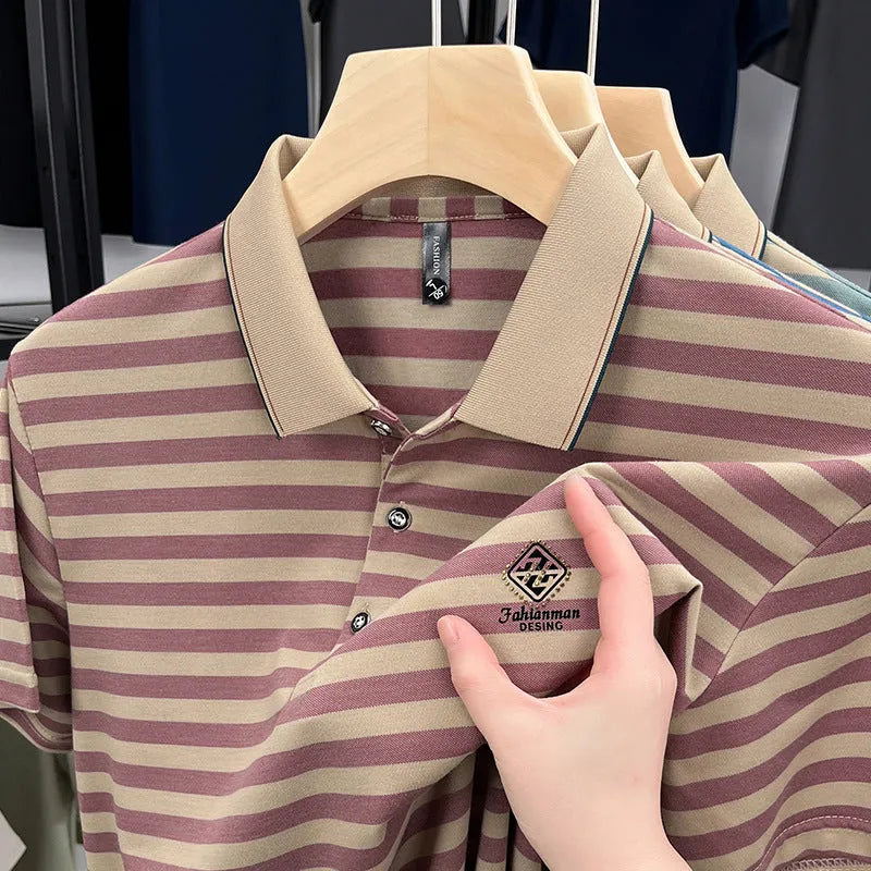 Men's striped casual polo shirt with mosaic pattern in lightweight polyester fabric