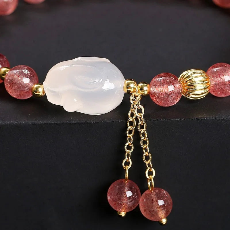 Strawberry quartz agate white rabbit bracelet with 6mm geometric beads for women's jewellery
